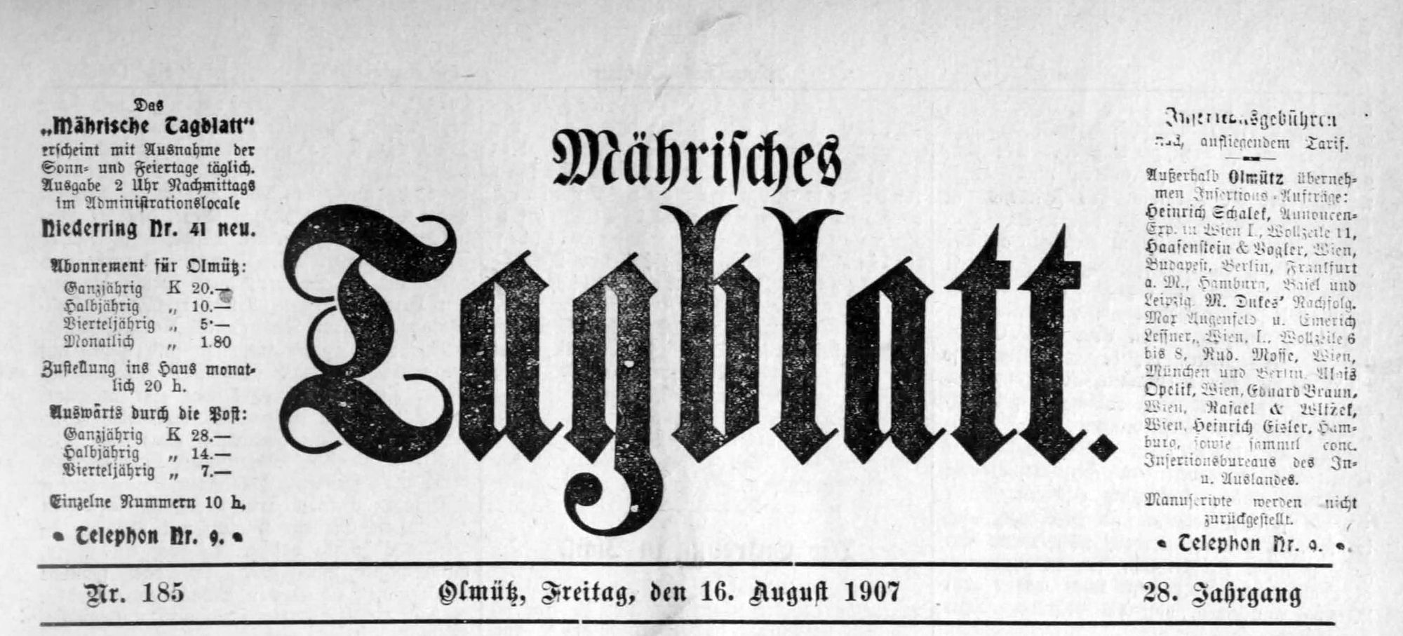 Olomoucké noviny Maehrisches Tagblatt na počátku 20. stol.